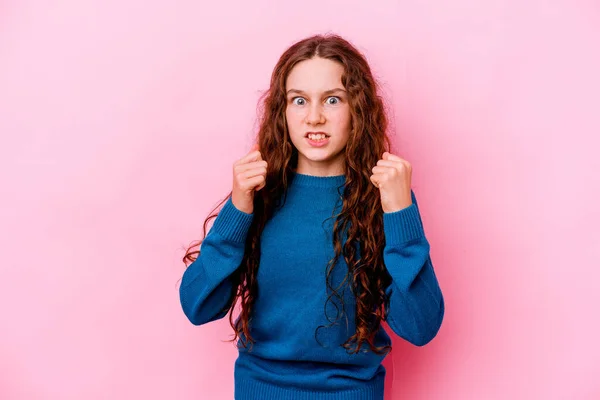 Little Caucasian Girl Isolated Pink Background Upset Screaming Tense Hands — Stock Photo, Image