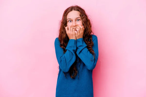 Little Caucasian Girl Isolated Pink Background Biting Fingernails Nervous Very — Stock Photo, Image