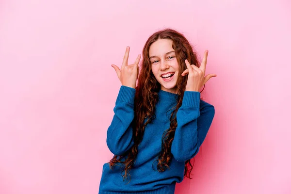 Little Caucasian Girl Isolated Pink Background Showing Horns Gesture Revolution — Stock Photo, Image