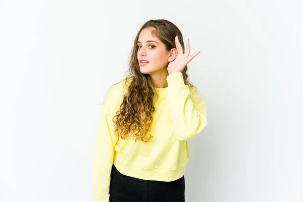 Joven Mujer Caucásica Tratando Escuchar Chisme —  Fotos de Stock