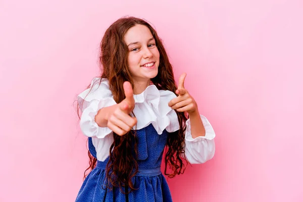 Little Caucasian Girl Isolated Pink Background Pointing Front Fingers — Stock Photo, Image