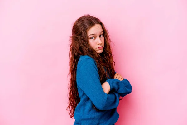 Little Caucasian Girl Isolated Pink Background Tired Repetitive Task — Stock Photo, Image