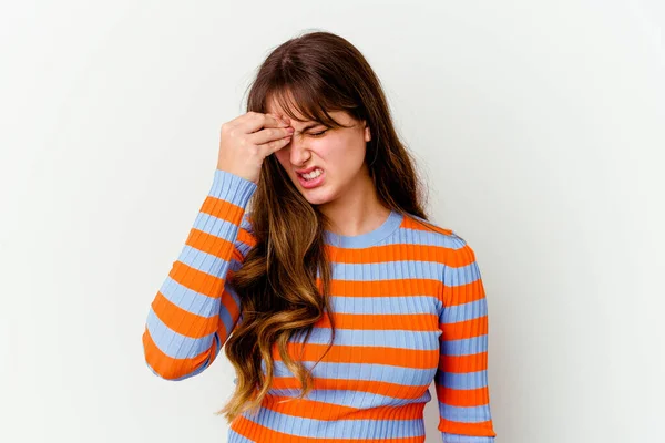 Young Caucasian Cute Woman Isolated White Background Having Head Ache — Stock Photo, Image