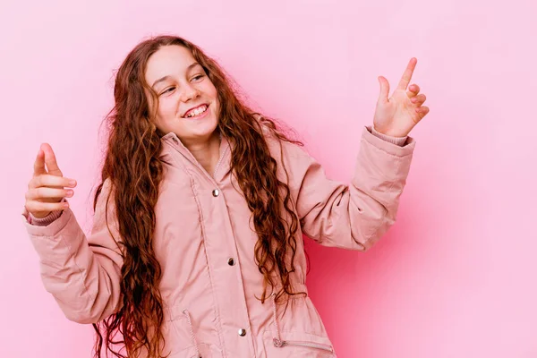 Little Caucasian Girl Isolated Pink Background Joyful Laughing Lot Happiness — Stock Photo, Image