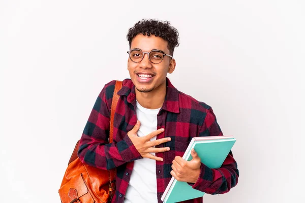 Jovem Estudante Afro Americano Encaracolado Homem Isolado Segurando Livros Alto — Fotografia de Stock