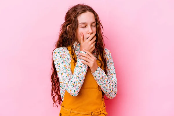 Little Caucasian Girl Isolated Pink Background Suffers Pain Throat Due — Stock Photo, Image