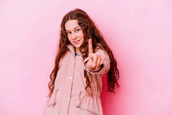 Little Caucasian Girl Isolated Pink Background Showing Number One Finger — Stock Photo, Image