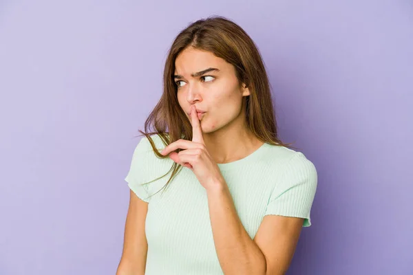 Young Skinny Caucasian Girl Teenager Purple Background Keeping Secret Asking — Stock Photo, Image