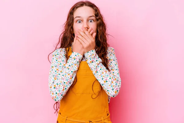 Little Caucasian Girl Isolated Pink Background Shocked Covering Mouth Hands — Stock Photo, Image