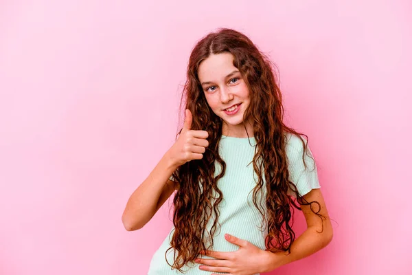 Little Caucasian Girl Isolated Pink Background Touches Tummy Smiles Gently — Stock Photo, Image
