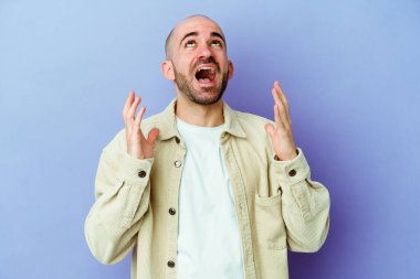 Mor arka planda izole genç beyaz kel adam kahkahalar atıyor elini göğsünde tutuyor..