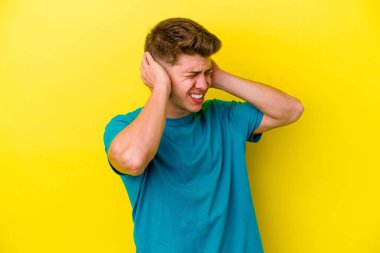 Sarı arka planda izole edilmiş genç beyaz adam elleriyle kulakları örtüyor..