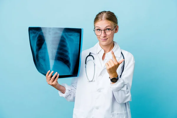 Young Russian Doctor Woman Holding Bone Scan Blue Pointing Finger — Stock Photo, Image