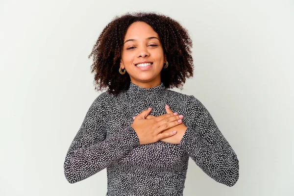 Jong Afrikaans Amerikaans Gemengd Ras Vrouw Geïsoleerd Lachen Houden Handen — Stockfoto