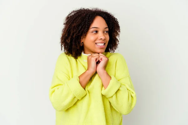 Young African American Mixed Race Woman Isolated Keeps Hands Chin — Stock Photo, Image