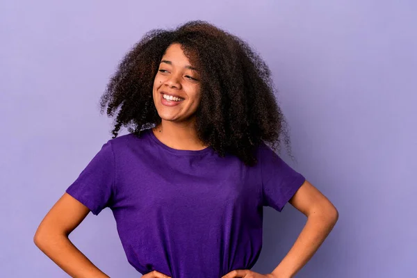 Young African American Curly Woman Isolated Purple Background Confident Keeping — Stock Photo, Image