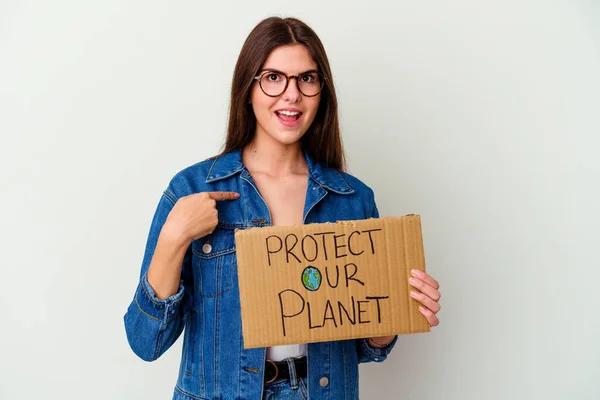 Young Caucasian Woman Holding Protect Our Planet Placard Isolated Raising — Stock Photo, Image