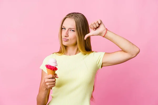 Young Russian Woman Eating Ice Cream Isolated Feels Proud Self — Stock Photo, Image