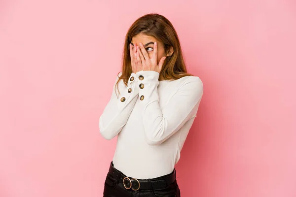 Young Skinny Caucasian Teenager Girl Blink Fingers Frightened Nervous — Stock Photo, Image