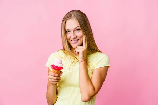 Young Russian Woman Eating Ice Cream Isolated Smiling Happy Confident — Stock Photo, Image