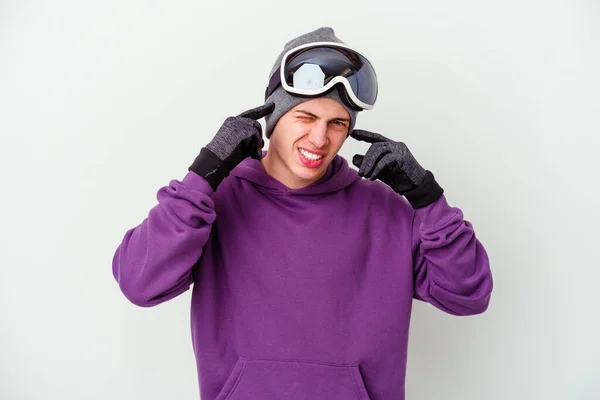 Young Man Holding Snowboard Board Isolated White Background Covering Ears — Stock Photo, Image