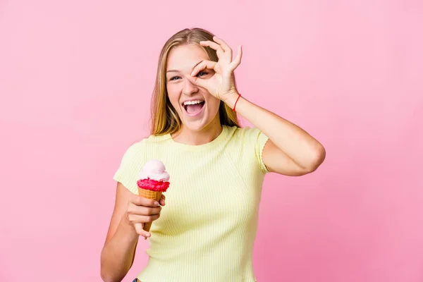 Young Russian Woman Eating Ice Cream Isolated Excited Keeping Gesture — Stock Photo, Image