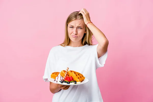 Young Russian Woman Eating Waffle Isolated Tired Very Sleepy Keeping — Stock Photo, Image