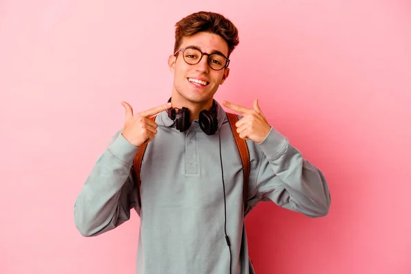 Young Student Man Isolated Pink Background Smiles Pointing Fingers Mouth — Stock Photo, Image