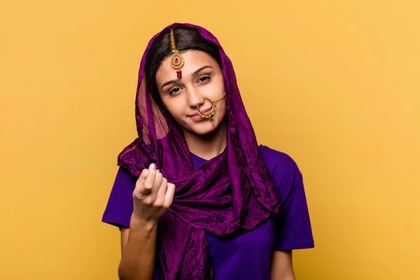 Young Indian Woman Wearing Traditional Sari Clothes Isolated Yellow Background — Stock Photo, Image