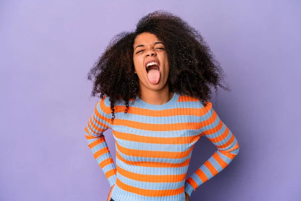 Young African American Curly Woman Isolated Purple Background Funny Friendly — Stock Photo, Image