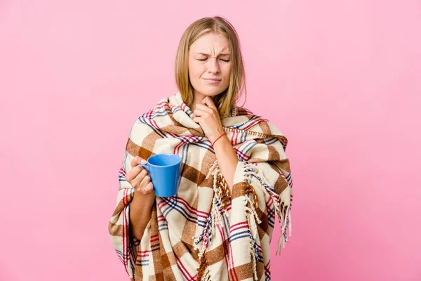 Young Russian Woman Wrapped Blanket Drinking Coffee Suffers Pain Throat — Stock Photo, Image