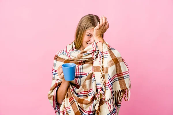 Young Russian Woman Wrapped Blanket Drinking Coffee Forgetting Something Slapping — Stock Photo, Image