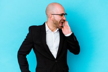 Genç beyaz, kel bir adam mavi arka planda izole edilmiş, heyecanlı bir şekilde bağırıyor..