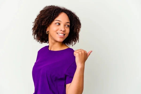 Ung Afrikansk Amerikansk Blandras Kvinna Isolerade Punkter Med Tummen Fingret — Stockfoto