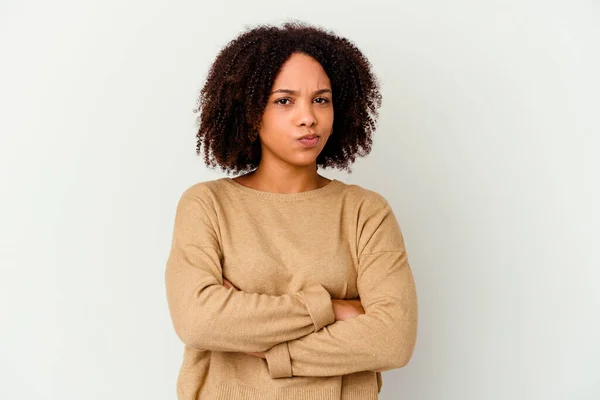 Giovane Afro Americana Mista Donna Isolato Volto Accigliato Dispiacere Tiene — Foto Stock