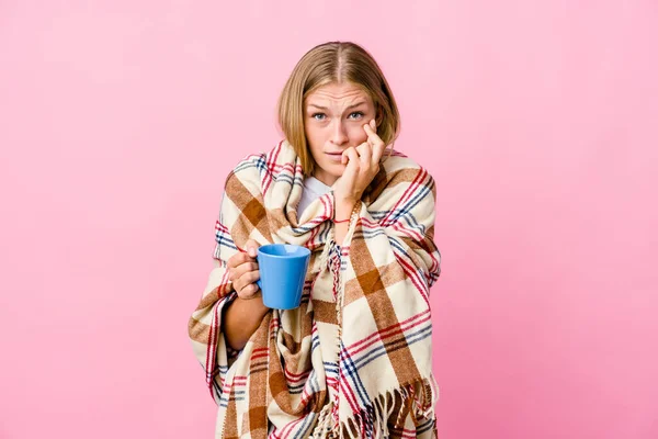 Young Russian Woman Wrapped Blanket Drinking Coffee Biting Fingernails Nervous — Stock Photo, Image