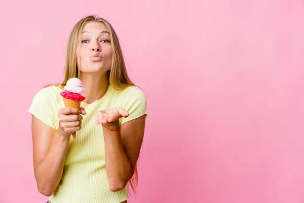 Young Russian Woman Eating Ice Cream Isolated Folding Lips Holding — Stock Photo, Image