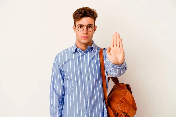 Νεαρός Μαθητής Απομονωμένος Λευκό Φόντο Στέκεται Απλωμένο Χέρι Που Δείχνει — Φωτογραφία Αρχείου