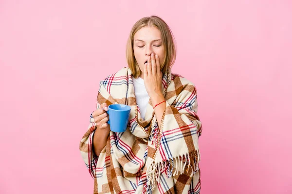 Young Russian Woman Wrapped Blanket Drinking Coffee Yawning Showing Tired — Stock Photo, Image