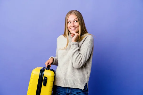 Young Russian Woman Holding Suitcase Travel Keeps Hands Chin Looking — Stock Photo, Image