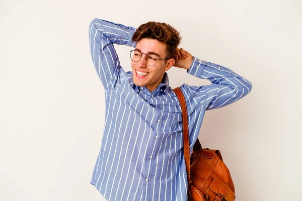 Joven Estudiante Aislado Sobre Fondo Blanco Brazos Extendidos Posición Relajada —  Fotos de Stock