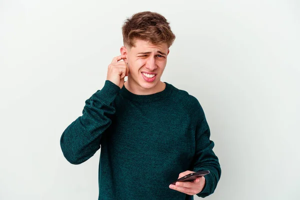 Giovane Uomo Biondo Caucasico Utilizzando Telefono Isolato Sfondo Bianco Che — Foto Stock