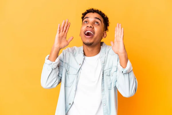 Young African American Curly Man Isolated Purple Laughs Out Loudly — Stock Photo, Image