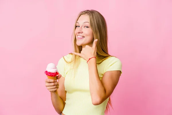 Young Russian Woman Eating Ice Cream Isolated Showing Mobile Phone — Stock Photo, Image