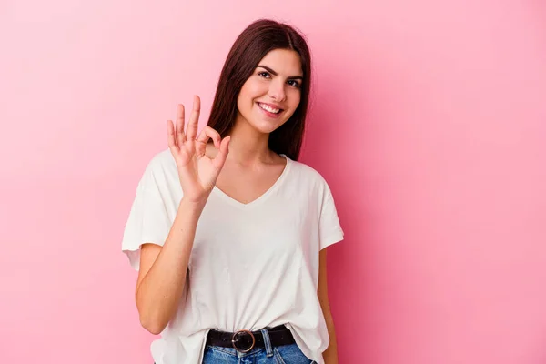 Young Caucasian Woman Isolated Pink Background Cheerful Confident Showing Gesture — Stock Photo, Image