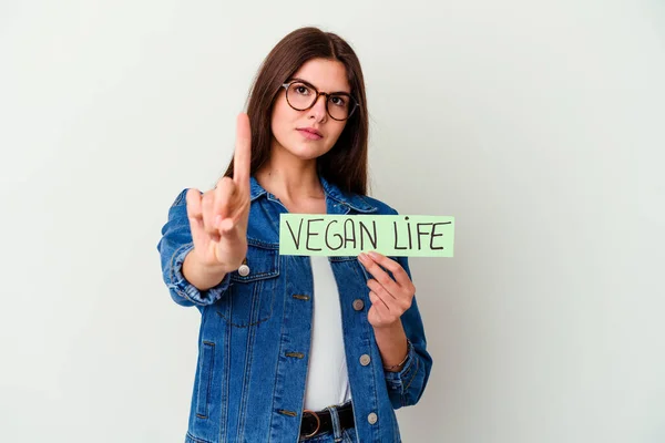 Mulher Caucasiana Jovem Segurando Cartaz Vida Vegan Isolado Fundo Branco — Fotografia de Stock