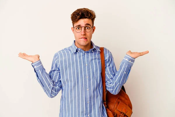 Young Student Man Isolated White Background Confused Doubtful Shrugging Shoulders — Stock Photo, Image