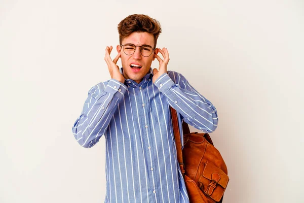 Junger Student Isoliert Auf Weißem Hintergrund Der Ohren Mit Händen — Stockfoto