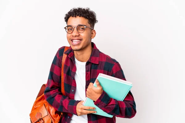 Jovem Estudante Afro Americano Encaracolado Homem Isolado Segurando Livros Rindo — Fotografia de Stock