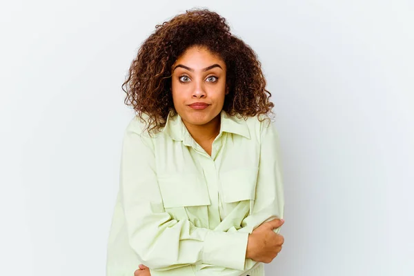 Jeune Femme Afro Américaine Isolée Sur Fond Blanc Hausse Les — Photo